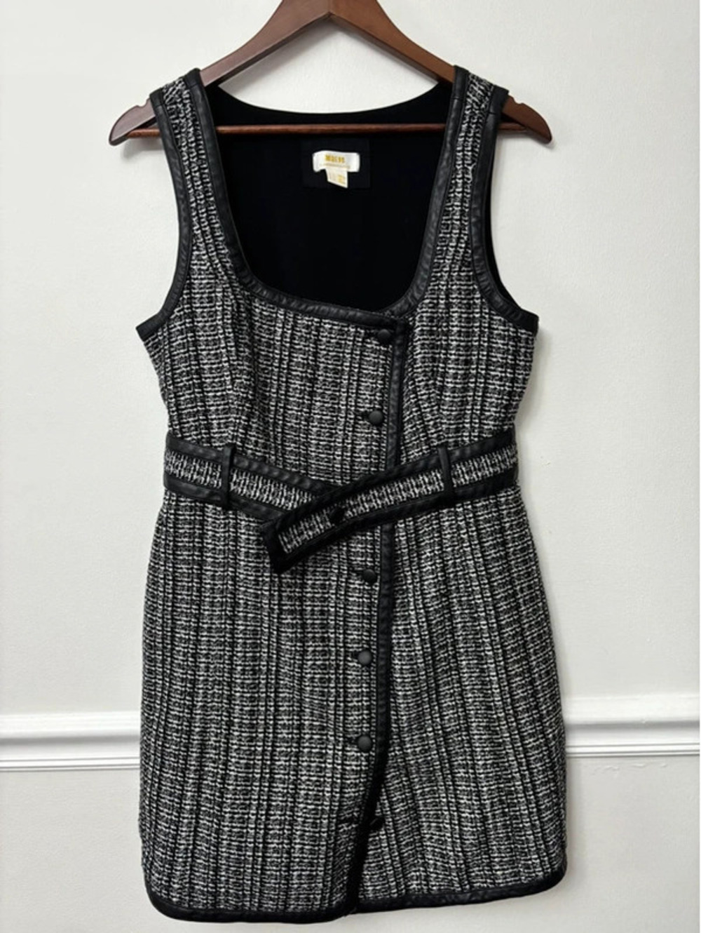 Maeve Anthropologie Tweed Faux Leather Trim Belted Mini Dress Size Large